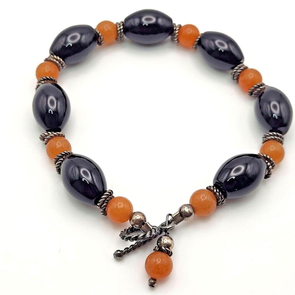 Orange and Black Glass Bracelet Silvertone Clasp and‎ Spacers 7.5"